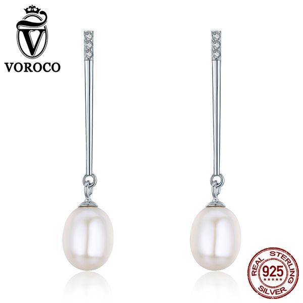 

voroco pure 925 sterling silver freshwater pearl clear cz stick long drop earrings s925 women wedding original jewelry vse119, Golden;silver