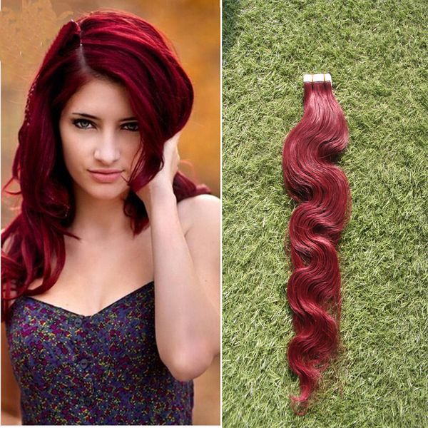 # 99J Vinho Vermelho Remy cabelo fita dupla fita de fita 100g fita na onda do corpo de cabelo humano na fita adesiva PU trama de pele invisível 40 pcs