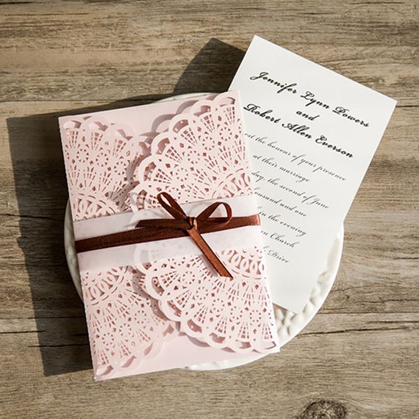 Rustic Wedding Invitations Pink Beige Laser Cut Blank Invites Card