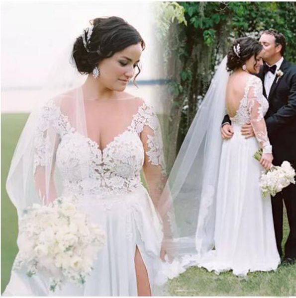 

plus size bohemian wedding dresses long sleeve sheer neckline a line beach bridal gowns chiffon side split wedding dress, White