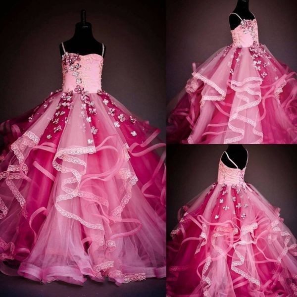 

stylish stitching-color flower girls dresses petal beads lace applique girls pageant dress fluffy tulle ball gown lace-up birthday dresses, White;blue
