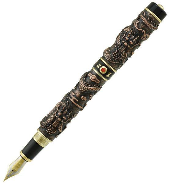 

jinhao vintage luxurious fountain pen double dragon playing pearl, metal carving embossing heavy pen red copper for collection