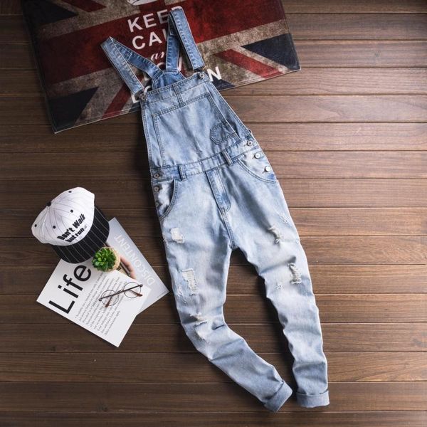 

new male suspenders new casual light blue denim overalls ripped jeans pockets men's bib jeans boyfriend jumpsuits