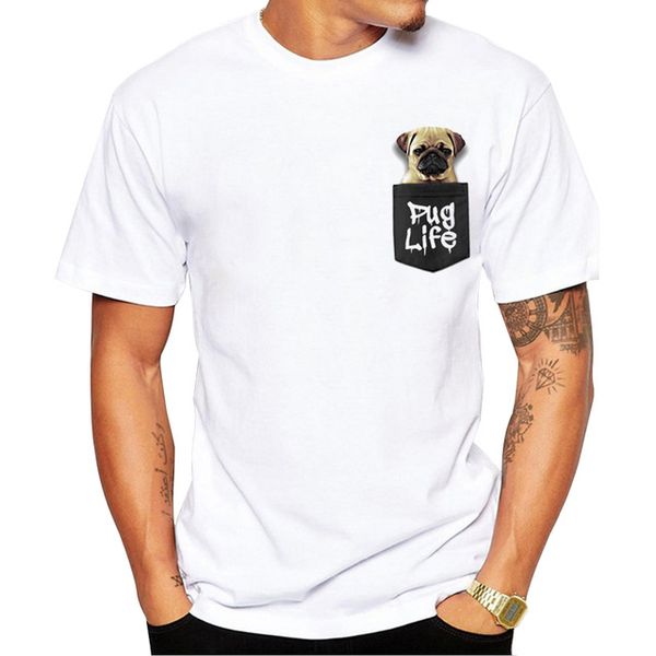 

2017 custom men t-shirt short sleeve fashion pug life pocket design t shirts pug printed tee shrits hipster basic, White;black