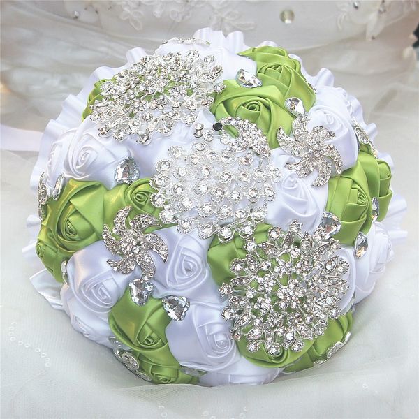 Acheter Durable De Luxe Herbe Vert Blanc Soie Bouquet De Fleurs De Paon Diamants Fleur Broche Bouquet De Mariée Peut être Personnalisé W2797 De 2051