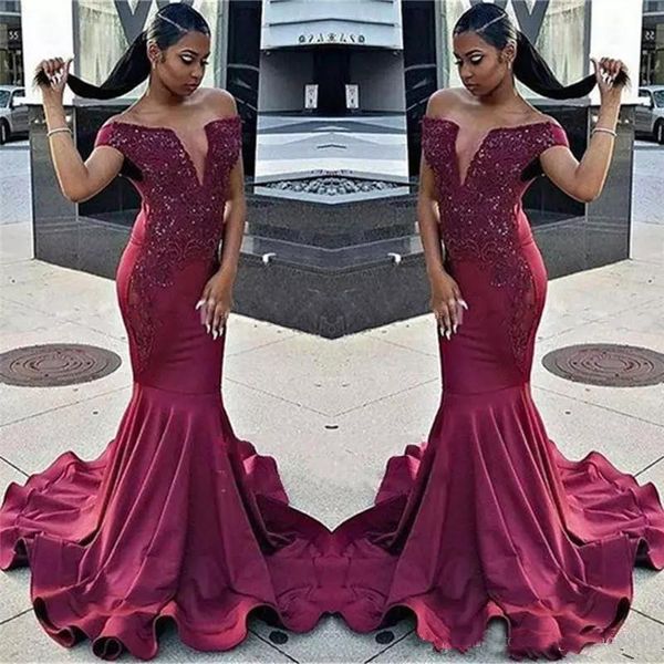 

Burgundy Off The Shoulder Mermaid Prom Dresses 2018 Black Grils Lace Appliques Beaded Evening Gowns African Formal Celebrity Party Wear