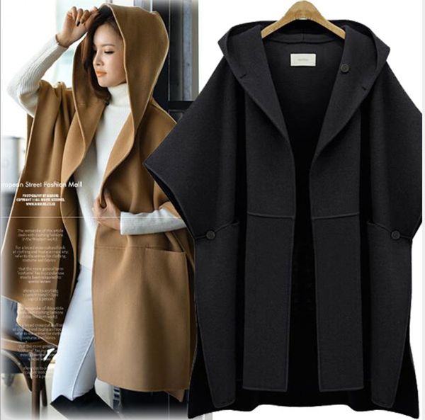 

XL-5XL Ladies Loose Hooded Woolen Cape Coat Winter Long Women Trench Coats Outwear Outerwear Shawl Drape Hoodies