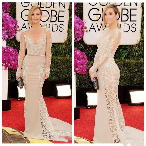 

sheer lace appliques evening celebrity dresses lace formal party dress 2018 prom gowns red carpet v neck with long sleeves, Black;red