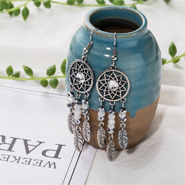

fashion tassel earrings accessories creative crystal dream catcher earrings silver metal leaf leaves pendant drop dangle earring d906q