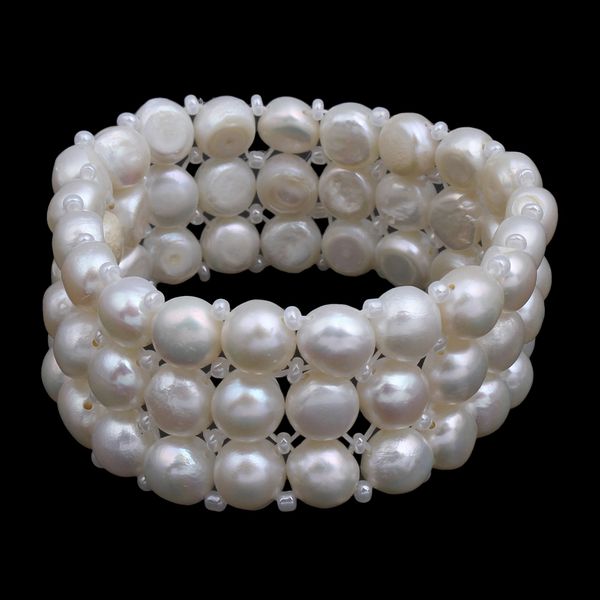 

yyw womens wedding bridal 100% real freshwater pearl bracelet 3 rows elastic pearl beads natural white bracelet bangles, Golden;silver