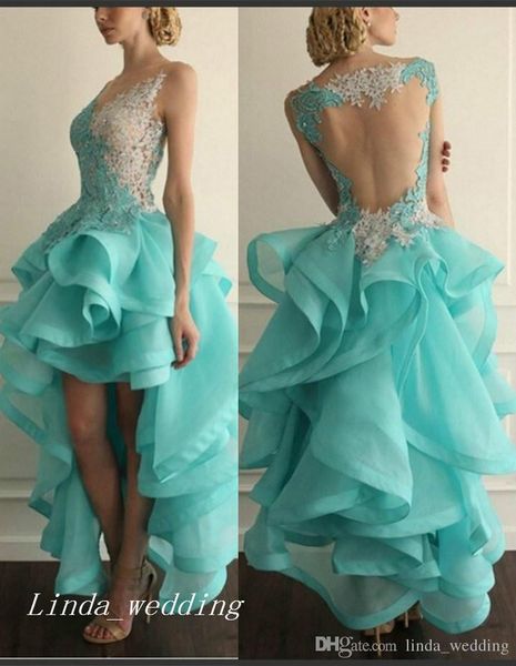 

Mint green colour high low prom dre ruffle organza lace quinceanera dre e evening party gown plu ize ve tido de fe ta