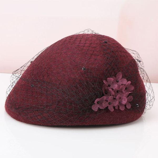 

girls fashion veil british retro hat flower yarn lace woolen duck tongue beret stewardess woman hat winter fedoras hats b-8902, Blue;gray