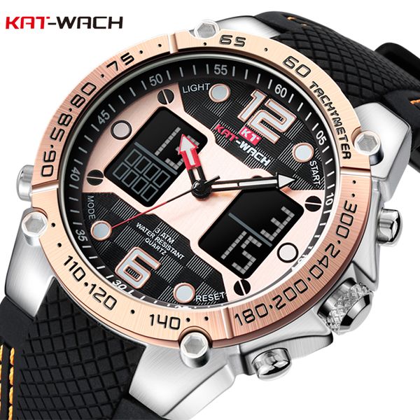 

kat-wach brand men's watch sports waterproof quartz watch digital led army men silicone band sports watch male relogio, Slivery;brown
