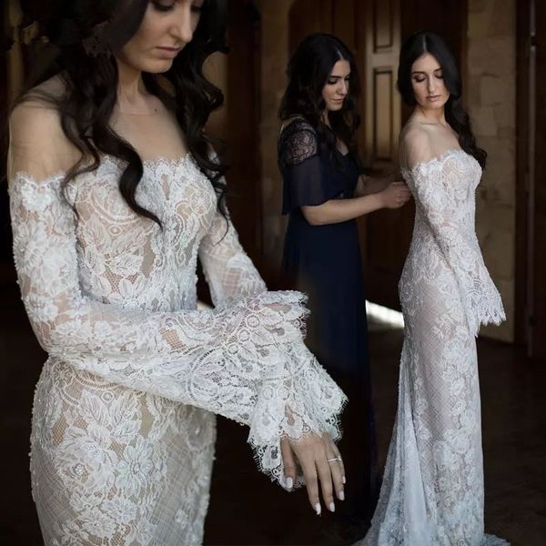 

elegant off shoulder wedding dresses long sleeve floor length lace bridal gowns backless bridal gowns plus size boho wedding dress, White