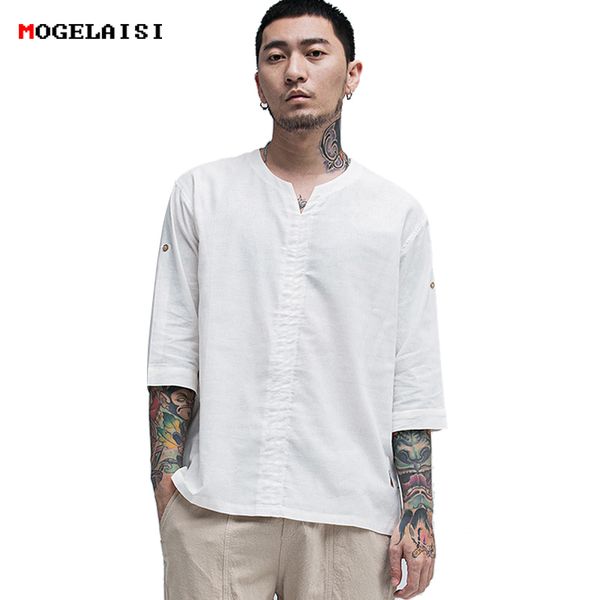 

mogelaisi linen t-shirt men new summer half sleeve white &tee cotton linen chinese style retro tshirt man clothing 1823, White;black