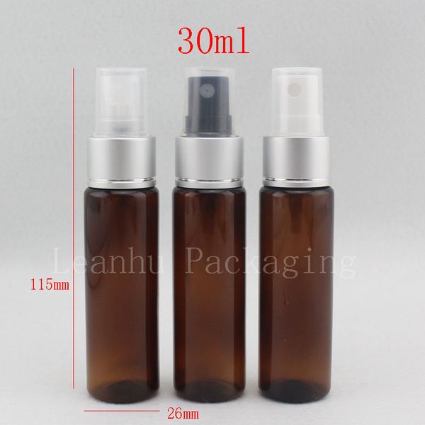 A garrafa plástica da cor 30ml X 100 marrom com a bomba de alumínio do pulverizador do perfume, 1oz esvazia garrafas de empacotamento cosméticas com porcelana do pulverizador