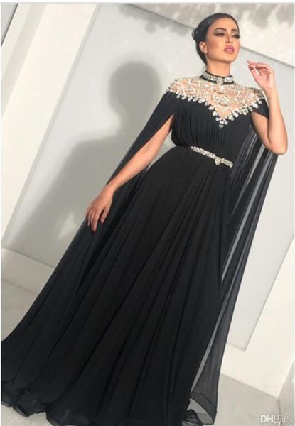 

2018 bling a-line evening dresses with long cape high neck rhinestone floor length plus size custom made sash chiffon prom gowns, Black;red