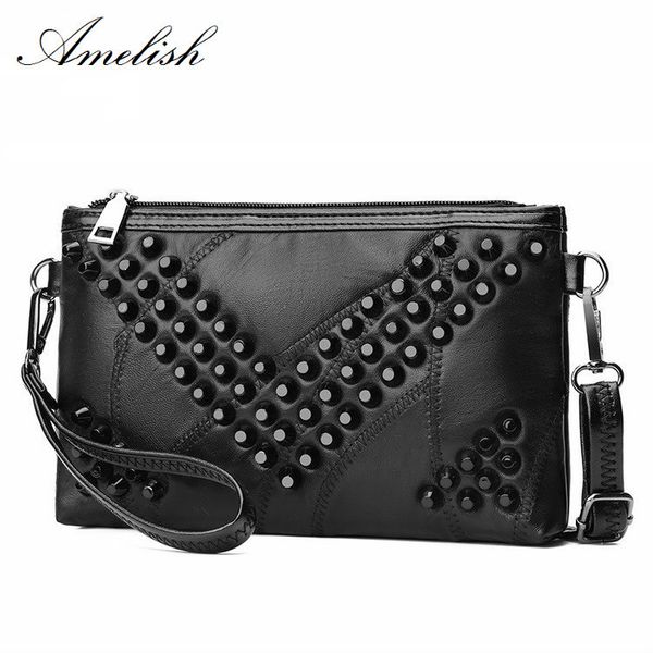 

sheepskin black genuine leather women wallet lady clutch patchwork messenger bag rivet crossbody handbag purse bolsas feminina