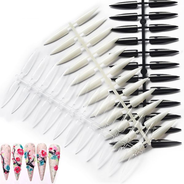 

120tips/set false nail art half cover tips for polish gel color display card manicure tools sharp end stiletto long false nails, Red;gold