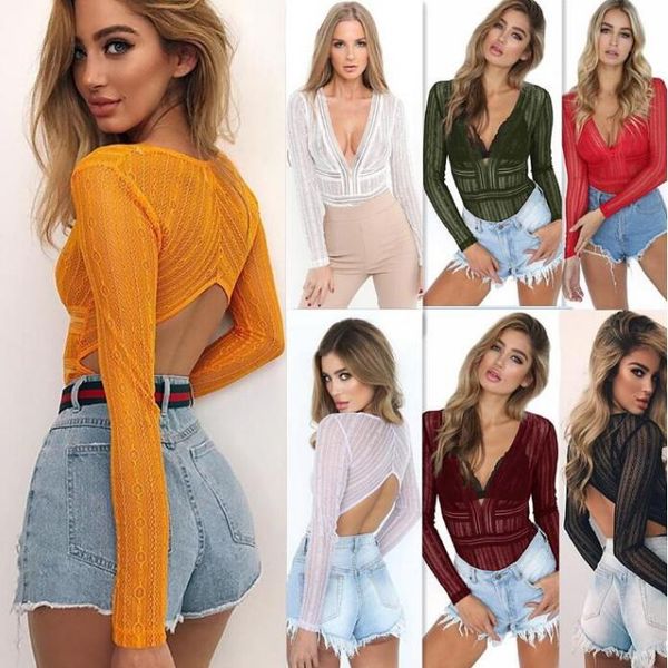 Kadınlar Moda Tulum Derin V Yaka Uzun Kollu Romper Backless Bayanlar Seksi Şeffaf Bodysuits Tulum Sıcak