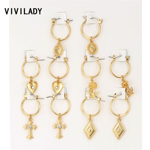 

vivilady fashion 5pairs circle round hoop earrings women gold color heart queen cross crystal hiphop brincos boho jewelry gifts, Golden;silver