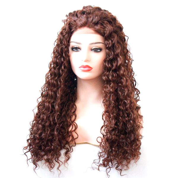 Hot Selling 33 Dark Auburn Pre Plucked Natural Hairline Glueless Synthetic Lace Front Curly Wig Heat Resisatnt Brown Wig For Black Women Synthetic