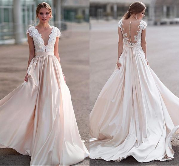 

elegant light champagne wedding dresses sheer neck cap sleeves appliques illusion back satin wedding dresses long bridal dresses, White