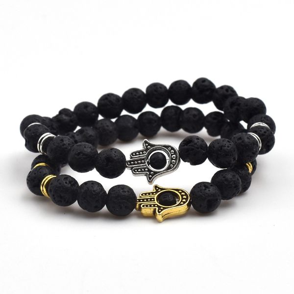 

jewellery lava stone hamsa hand charm bead bracelet,bracelet with gold silver alloy charm bead accessories, Black