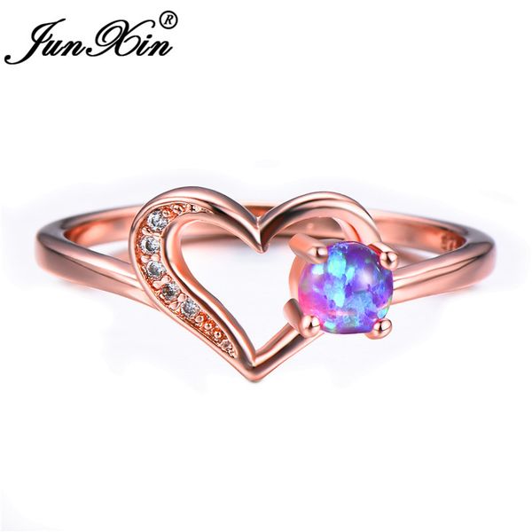 

junxin round cut purple fire opal heart rings for women rose gold filled hollow inlay white zircon engagement birthstone ring, Golden;silver