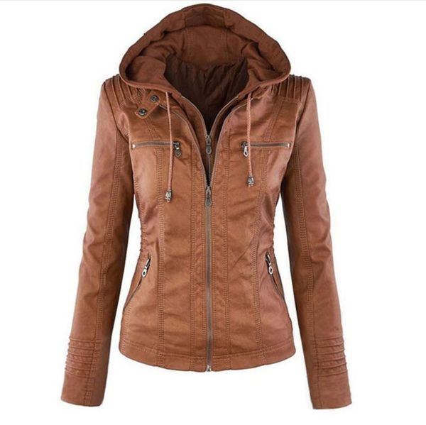 

2018 fashion detachable lapel long-sleeved solid color zipper leather jacket ultra-short jacket  women's pu leather, Black