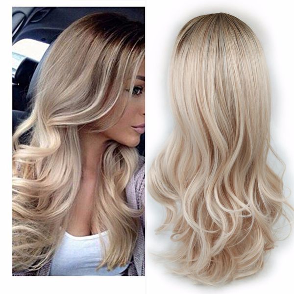 

long ombre brown ash blonde high density temperature synthetic wig for black/white women glueless wavy cosplay hair wig