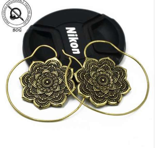 

tribal mandala earrings lotus flower brass hoop indian gold ear weights gauges ear tunnel plug piercing body jewelry 14g/1.6mm, Silver