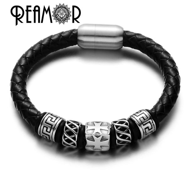 

reamor 17-21cm 316l stainless steel 8mm cross & tibetan totem beads natural leather bracelets for men design with magnet clasp, Black