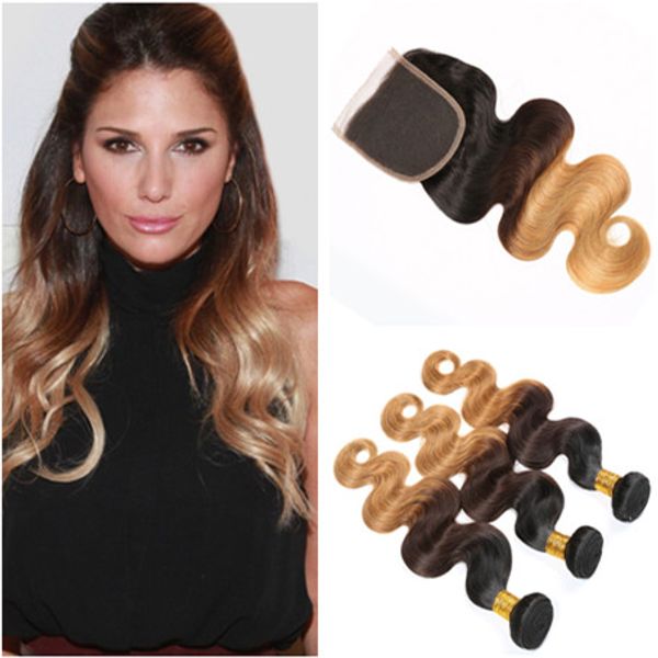 2019 1b 4 27 Black Brown Honey Blonde Ombre 4x4 Lace Front