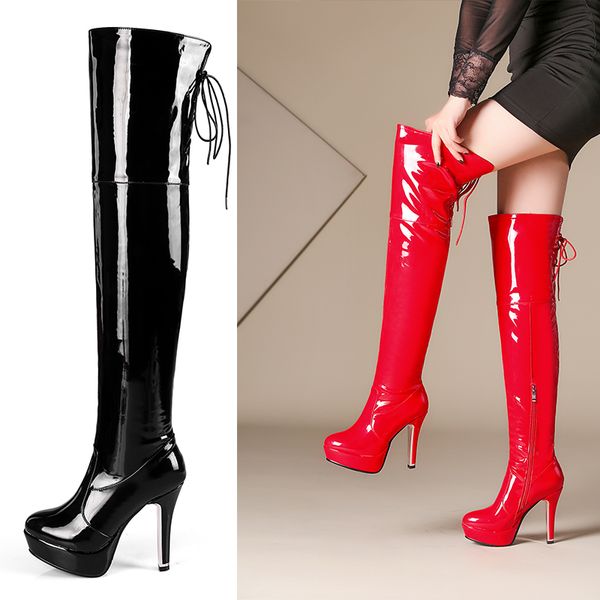 

super women shining red and black nightclub pole dancing girl patent leather platform high heel thigh high ladies boots