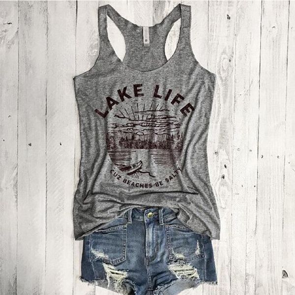 

lake life cuz beaches be salty letter print round neck vest women's summer loose fashion tank graphic tees, White