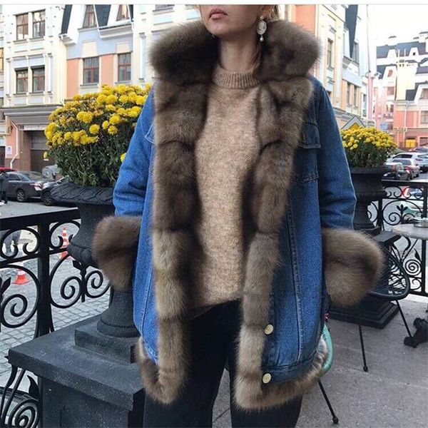 

2018 new real fur coat long parka winter jacket women denim jacket natural big fur collar thick warm outerwear plus size, Black