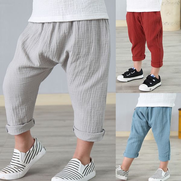 

2018new children's pants baby boys girls solid ankle-length cotton linen breathable mosquito-proof casual pants kid clothes, Blue