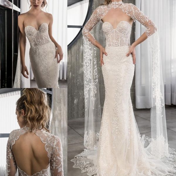 

gorgeous 2019 riki dalal wedding dress with long sleeves jacket sweetheart full lace bridal gowns sweep train vestidos de novia, White