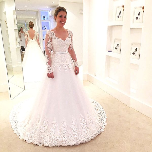 

size long sleeves ball gowns wedding dresses v neck lace appliques beaded tulle vestido de noiva bridal dresses gowns dh4233, White