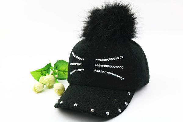 

2018 super warm child fur hat winter pompom pink wool baseball cap lovely boy girls autumn casual diamond rivet decoration cap, Blue;gray