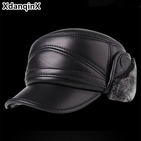 

xdanqinx genuine leather hat winter men's thick warm baseball cap with earmuffs sheepskin plus velvet hats for men male bone cap, Blue;gray