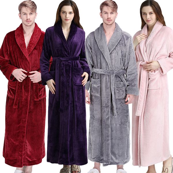 

women men thermal luxury flannel extra long bath robe winter grid fur bathrobe warm kimono dressing gown bridesmaid robes, Black;red