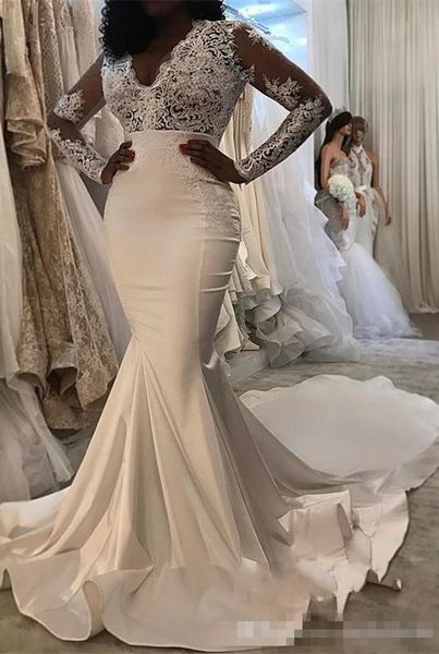 

gorgeous mermaid lace wedding dresses 2018 sheer long sleeves v neck appliques chapel train arabic bridal gowns plus size customized, White