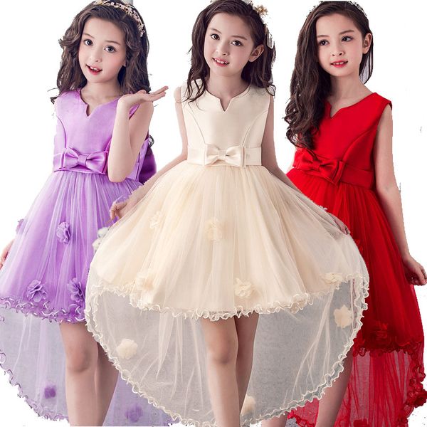 

hight quality girls sleeveless dress flower girl lace long trailing wedding dress children clothing princess dresses, Red;yellow