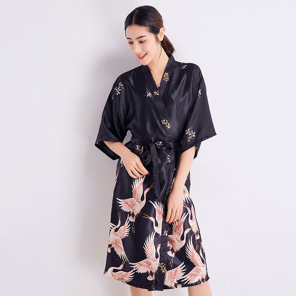 

black female new print sleepwear women silky robe summer kimono bathrobe satin home wear long nightgown casual home dress, Black;red