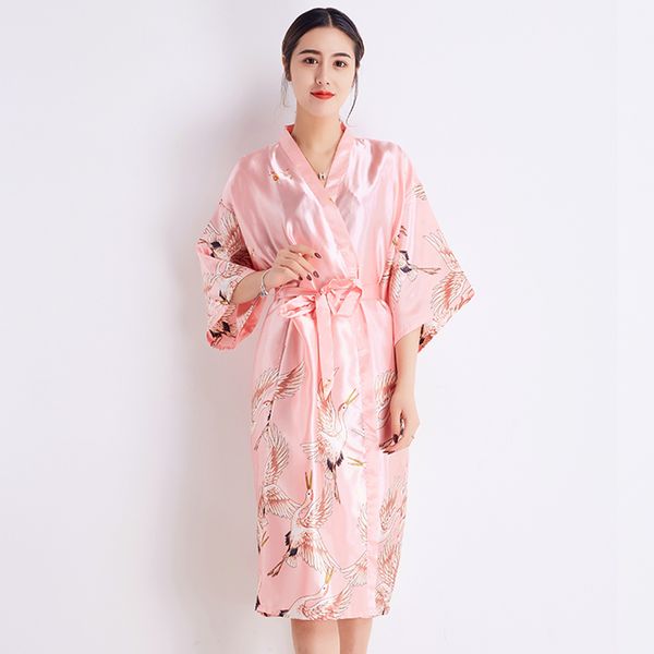 

summer women pink sleepwear bride bridesmaid wedding robe rayon kimono bathrobe long print nightdress casual home clothes, Black;red