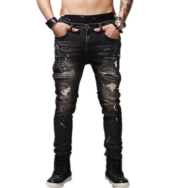 

biker men denim jeans hole bleached black washed men jeans pleated skinny straight fashion male solid color, Blue