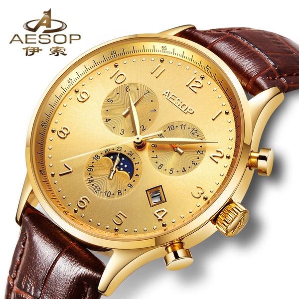 

aesop fashion watch men sapphire crystal dial window automatic mechanical wrist wristwatch male clock relogio masculino 2018 46-9003g, Slivery;brown