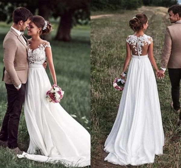 

gorgeous beach wedding dresses 2018 sheer neck cap sleeves appliques lace chiffon backless country wedding dress bridal gowns, White